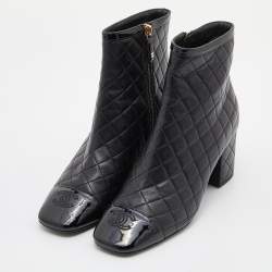 Chanel Black Quilted Leather and Patent Cap Toe CC Ankle Booties Size 39