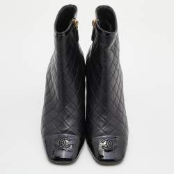 Chanel Black Quilted Leather and Patent Cap Toe CC Ankle Booties Size 39