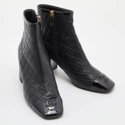 Chanel Black Quilted Leather and Patent Cap Toe CC Ankle Booties Size 39