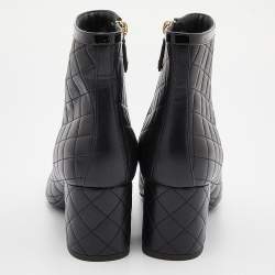 Chanel Black Quilted Leather and Patent Cap Toe CC Ankle Booties Size 39