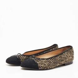 Pre Owned Chanel Two Tone Tweed CC Bow Ballet Flats Size 37.5