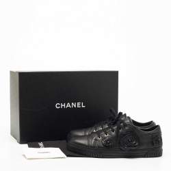 Pre Owned Chanel Black Leather CC Camelia Low Top Sneakers Size 41