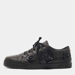 Pre Owned Chanel Black Leather CC Camelia Low Top Sneakers Size 41