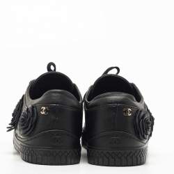 Pre Owned Chanel Black Leather CC Camelia Low Top Sneakers Size 41