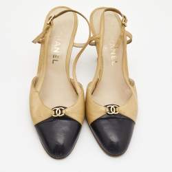 Pre Owned Chanel Beige/Black Leather CC Slingback Pumps Size 38.5
