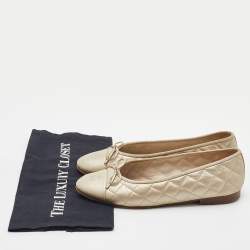 Pre Owned Chanel Gold Quilted Leather CC Cap Toe Bow Ballet Flats Size 39