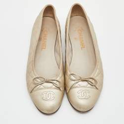 Pre Owned Chanel Gold Quilted Leather CC Cap Toe Bow Ballet Flats Size 39
