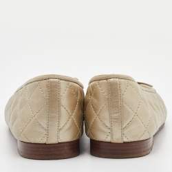 Pre Owned Chanel Gold Quilted Leather CC Cap Toe Bow Ballet Flats Size 39