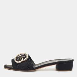 Chanel Black Canvas Heart Interlocking Sandals Size 41.5
