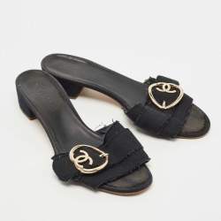 Chanel Black Canvas Heart Interlocking Sandals Size 41.5