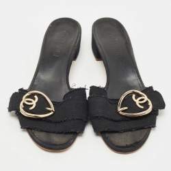 Chanel Black Canvas Heart Interlocking Sandals Size 41.5