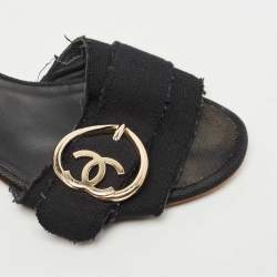 Chanel Black Canvas Heart Interlocking Sandals Size 41.5