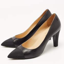 Pre Owned Chanel Black Leather And Canvas Cap Toe Pointed Toe Pumps Size 38.5