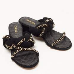 Chanel Black Suede Chain Embellished Slide Sandals Size 38