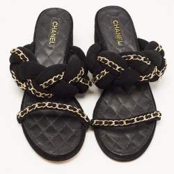 Chanel Black Suede Chain Embellished Slide Sandals Size 38