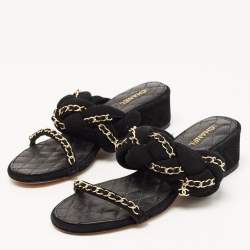 Chanel Black Suede Chain Embellished Slide Sandals Size 38