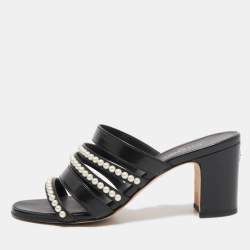  Chanel Black Leather Pearl Embellished Block Heel Slide Sandals Size 37