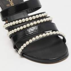  Chanel Black Leather Pearl Embellished Block Heel Slide Sandals Size 37