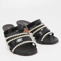  Chanel Black Leather Pearl Embellished Block Heel Slide Sandals Size 37