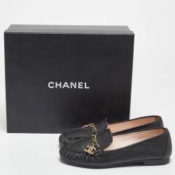Pre Owned Chanel Black Leather Chain Detail Slip On Loafers Size 37