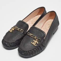 Pre Owned Chanel Black Leather Chain Detail Slip On Loafers Size 37