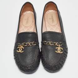 Pre Owned Chanel Black Leather Chain Detail Slip On Loafers Size 37