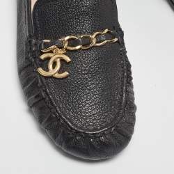 Pre Owned Chanel Black Leather Chain Detail Slip On Loafers Size 37
