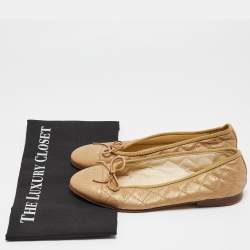 Pre Owned Chanel Gold Quilted Caviar Leather CC Bow Cap Toe Ballet Flats Size 37