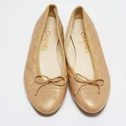 Pre Owned Chanel Gold Quilted Caviar Leather CC Bow Cap Toe Ballet Flats Size 37