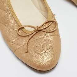 Pre Owned Chanel Gold Quilted Caviar Leather CC Bow Cap Toe Ballet Flats Size 37