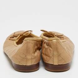 Pre Owned Chanel Gold Quilted Caviar Leather CC Bow Cap Toe Ballet Flats Size 37