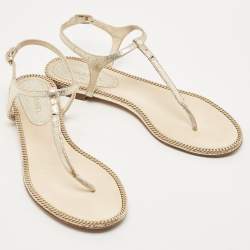 Chanel Silver Leather Ankle Strap Sandals Size 39