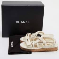 Chanel Ivory Cord and Leather Cork Flat Slingback Sandals Size 38