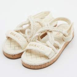 Chanel Ivory Cord and Leather Cork Flat Slingback Sandals Size 38
