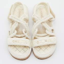 Chanel Ivory Cord and Leather Cork Flat Slingback Sandals Size 38