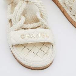 Chanel Ivory Cord and Leather Cork Flat Slingback Sandals Size 38