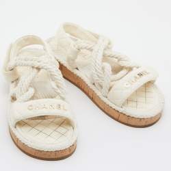 Chanel Ivory Cord and Leather Cork Flat Slingback Sandals Size 38