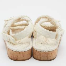 Chanel Ivory Cord and Leather Cork Flat Slingback Sandals Size 38