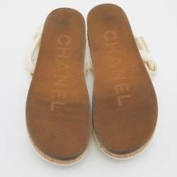 Chanel Ivory Cord and Leather Cork Flat Slingback Sandals Size 38