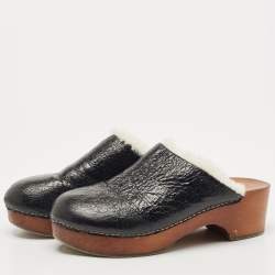 Chanel Black Leather and Fur Slip On Clogs Size 39