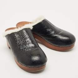 Chanel Black Leather and Fur Slip On Clogs Size 39