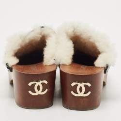 Chanel Black Leather and Fur Slip On Clogs Size 39