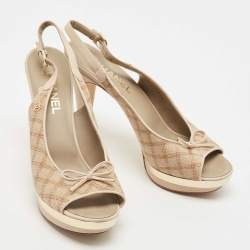 Pre Owned Chanel Cream/Beige Canvas And Leather CC Bow Peep Toe Platform Slingback Sandals Size 40.5