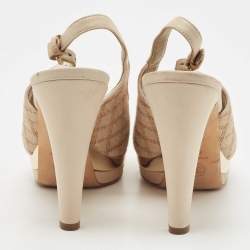 Pre Owned Chanel Cream/Beige Canvas And Leather CC Bow Peep Toe Platform Slingback Sandals Size 40.5