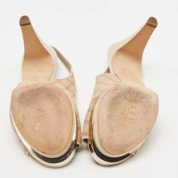 Pre Owned Chanel Cream/Beige Canvas And Leather CC Bow Peep Toe Platform Slingback Sandals Size 40.5