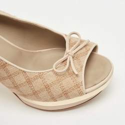 Pre Owned Chanel Cream/Beige Canvas And Leather CC Bow Peep Toe Platform Slingback Sandals Size 40.5