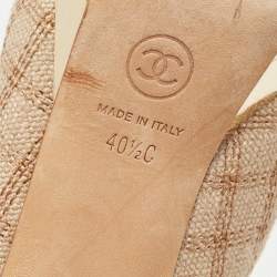 Pre Owned Chanel Cream/Beige Canvas And Leather CC Bow Peep Toe Platform Slingback Sandals Size 40.5