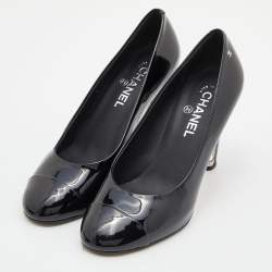 Pre Owned Chanel Black Patent Leather Faux Pearl Embellished Heel CC Cap Toe Pumps Size 39
