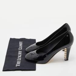 Pre Owned Chanel Black Patent Leather Faux Pearl Embellished Heel CC Cap Toe Pumps Size 39