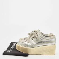 Pre Owned Chanel Silver Leather and Glitter Suede Platform Sneakers Size 36.5
